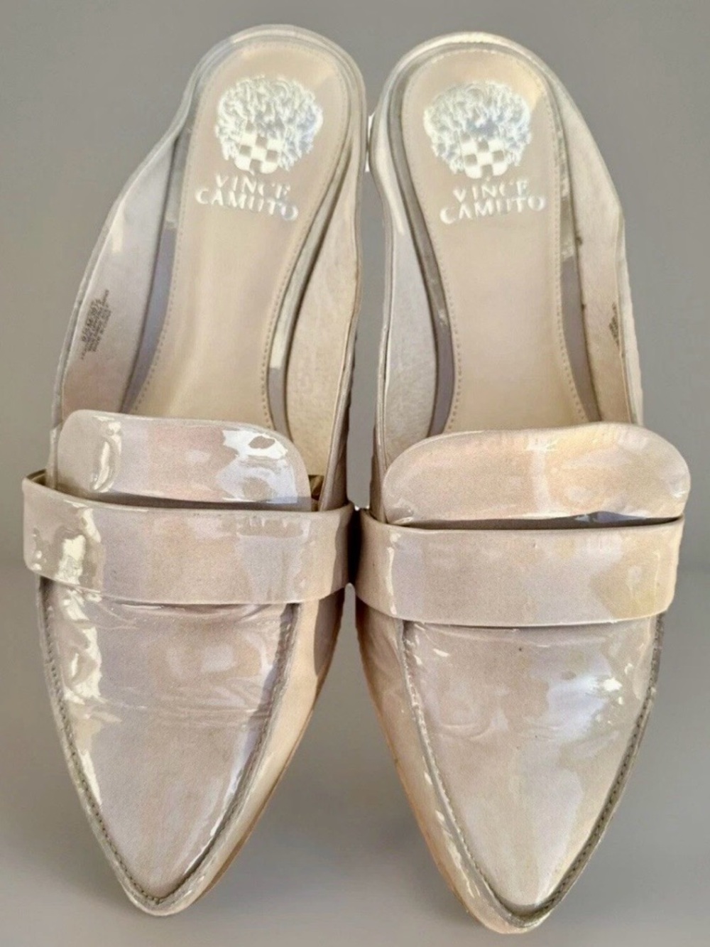 Vince Camuto Patent Pointed-Toe Loafer Mules in Neutral Beige